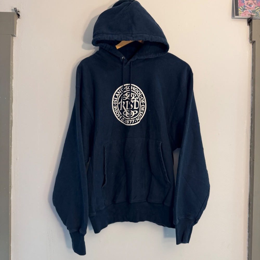 Champion Reverse Weave RISD College Hoodie Navy Blue Y2K Mens Medium